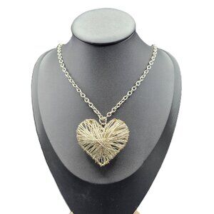 Artist Made Large Silver Tone Wire Wrapped Puffy Heart Necklace 31" Long